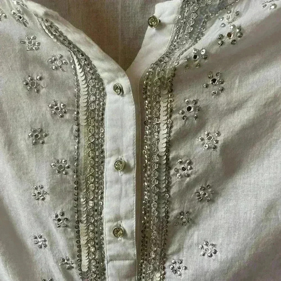 Juliet Dunn White Embroidered 3/4 Sleeves Delicate Tunic Shirt Sz 2 US 6/8. - Picture 8 of 14